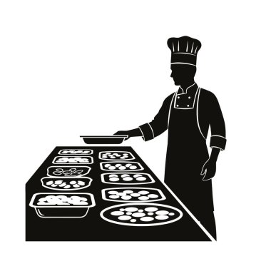 Silhouette of a chef in uniform serving various dishes from a buffet line, showcasing catering and food service.