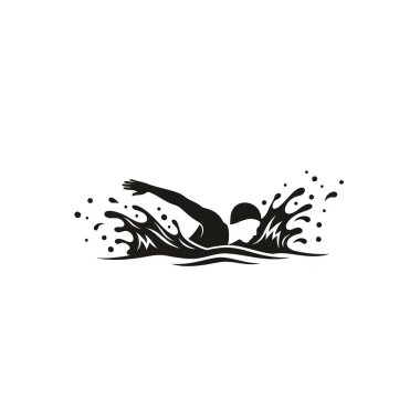 Bir yüzücünün güçlü siyah silueti hareket halinde, dinamik bir su sıçraması yaratıyor, spor ve zindelik temaları için mükemmel..