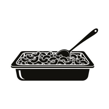 Dikdörtgen bir tepside servis edilen peynirli makarnanın siyah ve beyaz çizimi, servis edilmeye hazır..