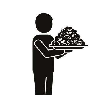 Muhtelif yemek malzemeleriyle dolu büyük bir tabağı tutan bir kişinin silüeti, yemek servisini ya da.