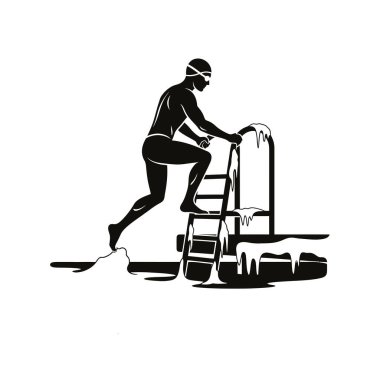 Yüzme şapkası ve gözlüğü takmış, donmuş ya da buzlu bir yüzme havuzundan çıkan bir insanın silüeti.