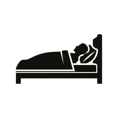 Siyah bir siluet ikonu, bir yatakta huzur içinde uyuyan birini gösteriyor, dinlenmeyi, uyumayı ve rahatlamayı simgeliyor..