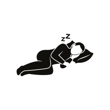 Siyah bir siluet, beyaz bir arka plana karşı, Zzz sembolleri ile, kendi tarafında huzur içinde uyuyan bir kişi..