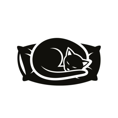 Yumuşak bir yastığın üzerinde kıvrılıp huzur içinde uyuyan bir kedinin minimalist siyah beyaz çizimi..