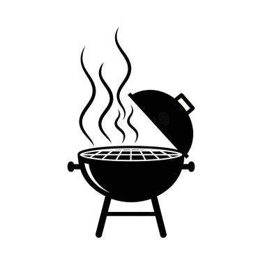 Açık kapaklı ve dumanlı bir barbekü ızgarasının siyah ve beyaz vektör ikonu, açık havada pişirmeyi ve ızgarayı sembolize ediyor..