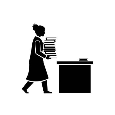 Eğitimi, işi ya da eğitimi tasvir eden uzun bir kitap yığınını masaya taşıyan bir kadının silüeti..