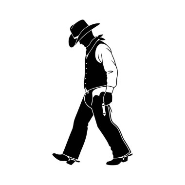 Şapkalı ve yelekli bir kovboyun siyah beyaz silueti elinde bir silahla yürüyordu..