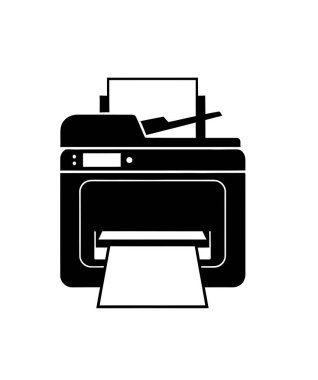 Kağıt yüklü ve basılan bir yazıcıyı tasvir eden basit, temiz siyah beyaz bir simge.