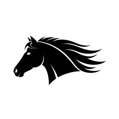 Beyaz bir arka planda izole edilmiş, dinamik, dalgalı yeleli bir atın siyah silueti..