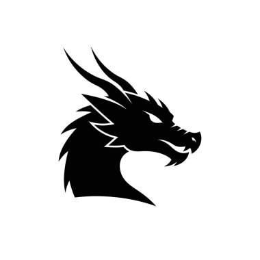 Bir ejderha kafasının çarpıcı siyah silueti, keskin boynuzları, vahşi bir bakış, ve temiz beyaz bir arka plan karşı sivri dişleri ile açık bir ağız.