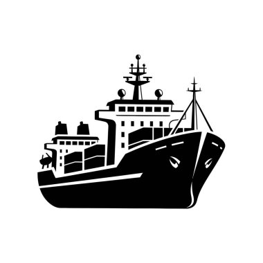 Denizcilik temaları ve ulaşım tasarımları için mükemmel bir kargo gemisinin siyah-beyaz çizimi.