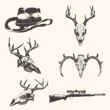 Tarzlı bir kafatası, hafif açılı, geniş kenarlı kovboy şapkası takıyor. Resim monokromatik bir palet ve desenli bir stil kullanır.