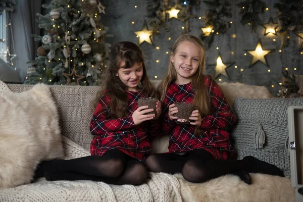 Filles Robes Carreaux Dans Intérieur Nouvelle Année Images De Stock Libres De Droits