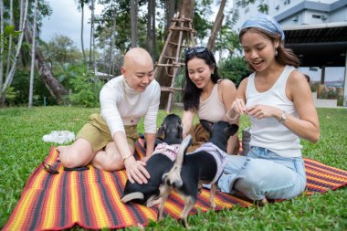 Kadınlar yemyeşil bir parkta köpekleriyle mutlu bir şekilde kaynaşıyorlar.