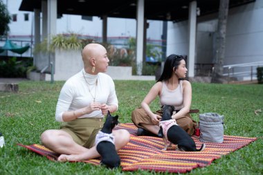 Kadınlar parkta Chihuahua köpekleriyle çimlerin üzerinde piknik yapıyor.