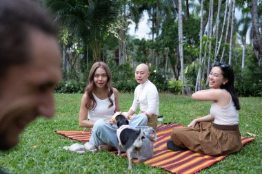Bir grup arkadaş parkta açık hava pikniğinde minder üzerinde bir köpekle dinleniyorlar.