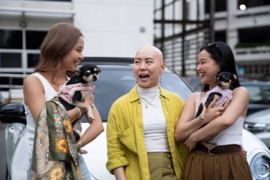 Farklı saç stilleri olan üç gülümseyen kadın ve dışarıda dikilen iki chihuahua.