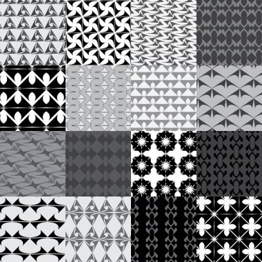 Fırıldak, elmas, gözyaşı damlası, yıldız ve iç içe geçmiş şekillerde geometrik ve soyut tasarımlar içeren on altı tane kusursuz siyah, beyaz ve gri ölçekli desen. Tekstil kumaşı, seramik fayans, duvar kağıdı ve plastik çarşaflar için uygun desenler.