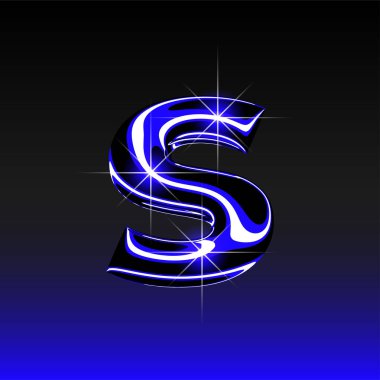 Holografik sonlu 3 boyutlu parlak S harfi. Yanardöner sıvı metalle Y2K yazı tipi. Çağdaş geçmişe dönük tasarım için izole vektör oluşturucu