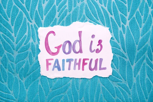 God Faithful Watercolor Christian Lettering Motivational Biblical Phrase Blue Background — Stock Photo, Image