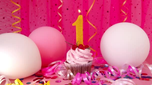 Happy First Birthday Cake Number One Candle Pink White Balloons — Stock Video