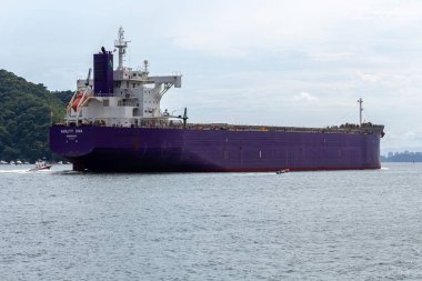 Santos, SP, Brezilya - 17 Ocak 2026: Kargo gemisi Agility Diva Santos Estuary 'den açık denize doğru yola çıktı.