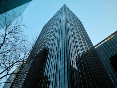 Resim, son derece alçak bir açıdan çekilmiş modern bir gökdeleni gösteriyor. Binanın geometrik çizgileri dikey olarak yukarı gidiyor, sonsuzluğun etkisini yaratıyor ve kentsel mimarinin gücünü vurguluyor. Ön cephe koyu camdan yapılmıştır..