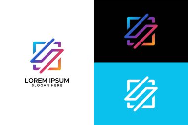 Teknoloji Başlangıcı ve Dijital Yaratıcı Markalaştırma Kimliği için Gradyan Renk ve Geometrik Kare Çerçeveli Modern Soyut S Logosu