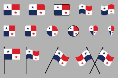 Panama Ulusal Bayrak Vektör Simgesi Seti - Panama Bayrakları Kalp, Çember, Meydan ve Dalgalanan Şekiller.