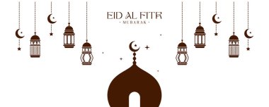Zarif İslami Kurban Bayramı Mübarek Cami Kubbesi 'nin Hilal Aylı Tasarımı ve Minimum Bej Arkaplan Üzerine Asılmış Fenerler