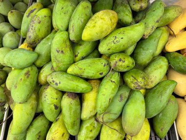 Taze yeşil mangolar markette bir araya toplanmış..