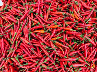 Parlak kırmızı biberler bir market tezgahında yığılmıştı. Birçok mutfaktaki popüler baharat bileşeni..