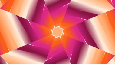 Merkezden pembe, turuncu ve beyaz renkli simetrik bir dizayn ile renkli bir geometrik desen yayılır..