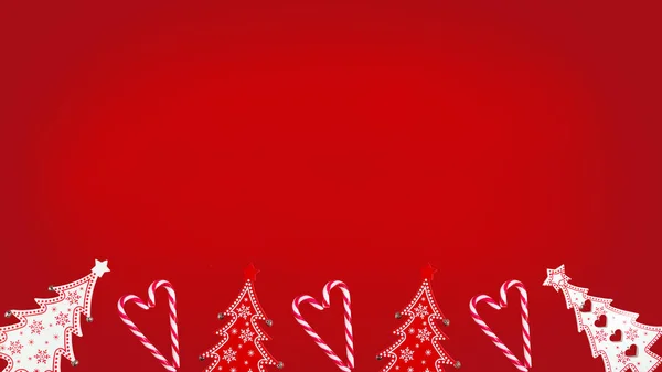 Red Christmas Background Fir Trees Striped Candy Canes High Quality — Stock Photo, Image