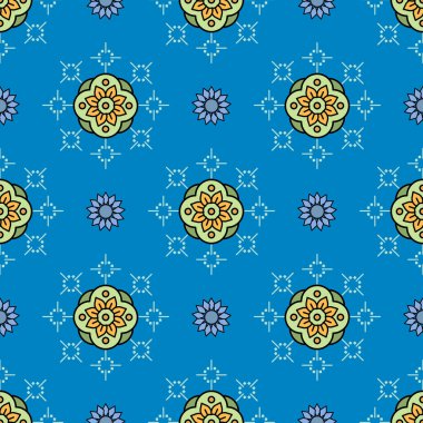 Parlak mavi arkaplanda canlı bir geometrik çiçek deseni, çeşitli tasarım projelerine zarafet ve görsel ilgi katmak için mükemmel..