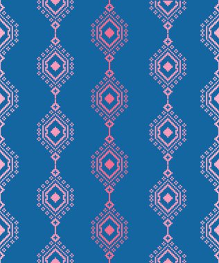 Pembe renkli karmaşık geometrik desen çarpıcı bir mavi arkaplan karşısında zarif bir şekilde düzenlenmiştir. Her tasarımın amacı için büyüleyici bir görsel..