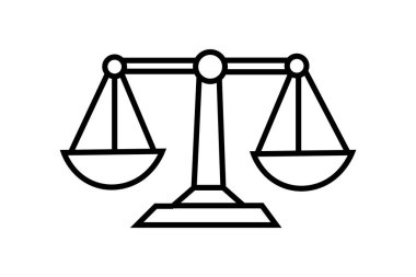 Bu resim, temiz, siyah-beyaz simge biçiminde oluşturulmuş klasik bir adalet ölçeği (denge ölçeği) tasvir eder..