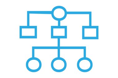 Görüntü, hiyerarşik ya da örgütsel bir grafiğin basit mavi renkli bir simgesidir. Orta düzeyde üç dikdörtgen düğüme bağlı üst dairesel bir düğüm içerir,
