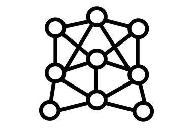 Görüntü, karmaşık bir ağın siyah beyaz simgesidir. Düz çizgilerle birbirine bağlı dairesel düğümlerin ızgara benzeri bir düzenini gösterir.