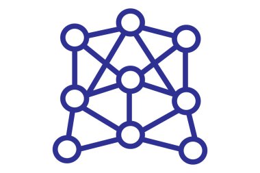 Resim yoğun bir ağın mavi renkli bir simgesidir. Düz çizgilerle birbirine bağlı dairesel düğümlerin ızgara benzeri yapısını gösterir.