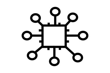 Görüntü, merkezi bir işlemci veya mikroçipi temsil eden basit, siyah ve beyaz bir simgedir. Dört kenarından da kısa çizgiler uzanan kare bir şekil çipi temsil eder..