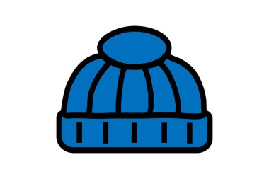 Görüntü, üzerinde ponpon olan mavi bir kış şapkasını gösteriyor. Şapkada dikey dikiş çizgileri ve altta kalın, tırtıklı bir manşet var.