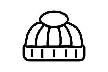 Görüntü, bir kış beresinin basit bir siyah-beyaz çizgisi çizimini gösteriyor. Berenin üzerinde dikey dikiş çizgileri ve yuvarlak bir ponpon var.