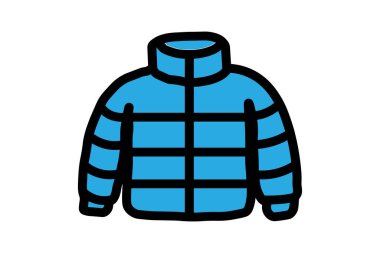 Görüntü, siyah çizgili bir çizgi film tarzı mavi kış ceketini gösteriyor. Ceketin yüksek yakası ve yatay ve dikey yorgan çizgileri var. Kabarık, yalıtılmış bir görüntü veriyor..