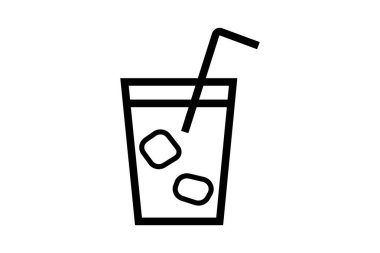 Resim, iki buz küpü ve bir pipet içeren içecekle dolu bir bardağın basit bir siyah ana hatlı simgesini gösteriyor..