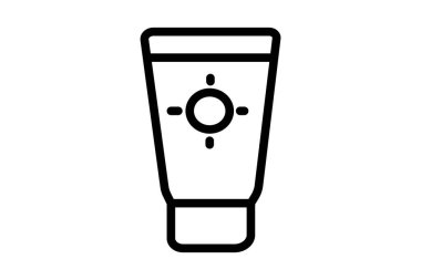 Görüntü bir güneş kremi tüpünün basit siyah ana hatlarını gösteriyor. Tüpün altında bir kapak ve ortasında güneş koruma losyonunu temsil eden bir güneş sembolü var..