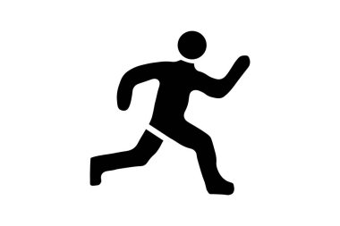 Cesur, siyah beyaz bir kişi koşuyor. Şekil, hareketli kolları ve bacakları olan, stilize edilmiş siyah bir siluettir..