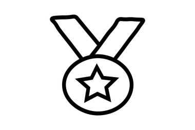 Yıldızlı bir madalyanın basit, siyah beyaz çizgili sanat çizgisi çizimi. Dairesel madalya kalın siyah bir çizgiyle çizilmiş ve merkezinde bir yıldız şekli barındırıyor..