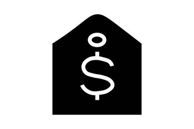 Resim, beyaz arkaplanda bir fiyat etiketini temsil eden koyu siyah bir simge gösterir.