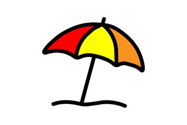 Şemsiyenin kumun içine yerleştirilmiş siyah bir direk tarafından desteklenen kırmızı, sarı ve turuncu üç paneli vardır.